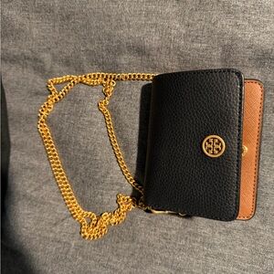 Tory Burch Black and Brown Wallet with Gold Chain